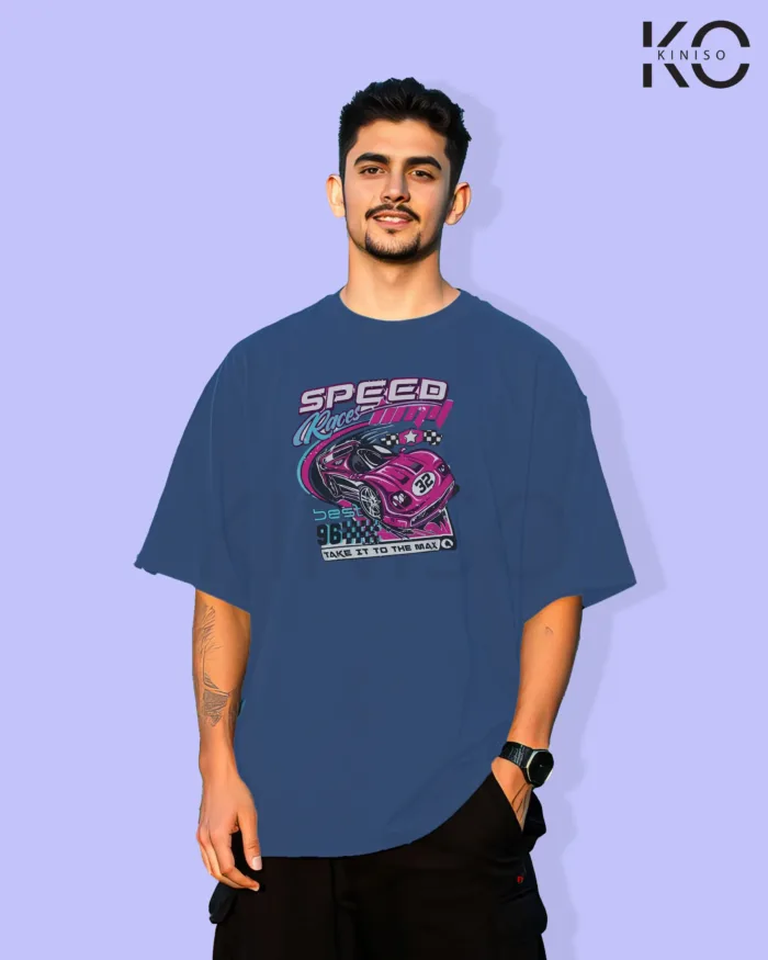 Image of Glaucous Blue color drop shoulder t-shirt with Best Speed Race Print for men at reasonable price